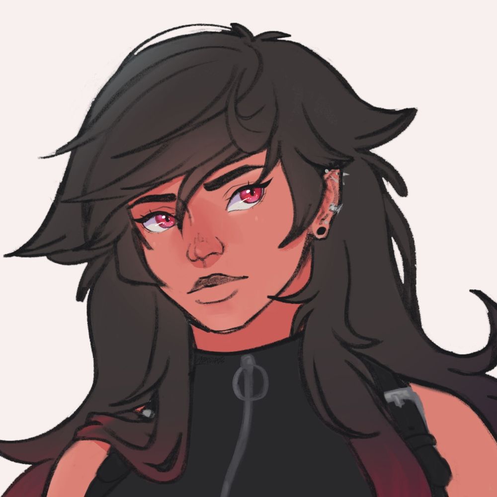 A close-up digital portrait of the same woman. She has layered black hair with red tips, red eyes, and a calm expression. She wears a black high-collar top with a circular zipper pull.