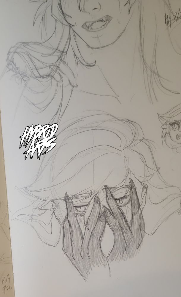 A photo of a messy sketch of a woman covering her face with her hands. Her fingers are black and she is peeking through her fingers.