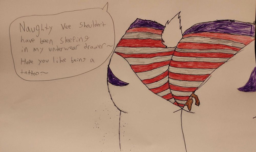 A tiny vee, helplessly trapped in the macro’s underwear. After hours of being sat on they have been squished flat. Part of them visible and sticking out from the underwear.