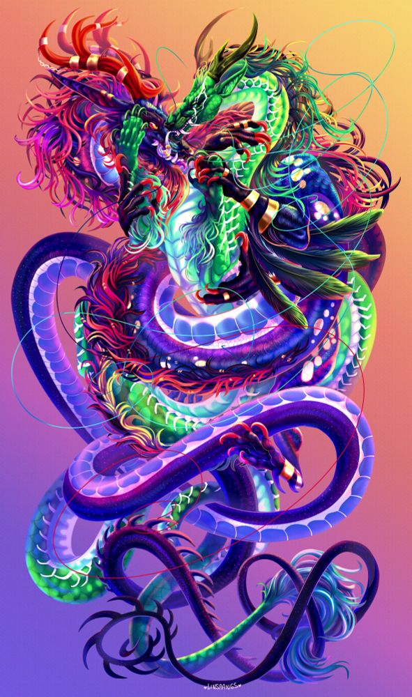 two eastern dragons entwined together. the right one is a blue and red male with four arms, and the left one is a green and white female. they are in love and the green one is licking the blue one's snout.