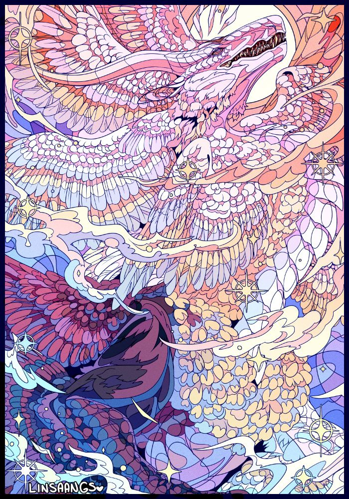 blue/pink/sunset/yellow bust portrait of a dragon with ten wings in a stained glass art style, in front of a sun to replicate a halo, surrounded by spiraling sparkling mist