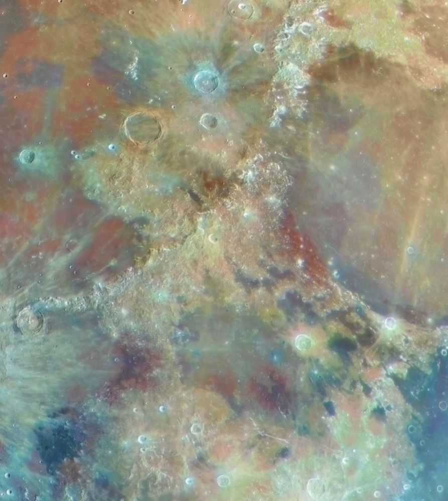 The Moon is normally seen in subtle shades of grey. But small, measurable color differences have been greatly exaggerated in this mosaic of high-resolution images captured near the Moon's full phase, to construct a multicolored, central moonscape. The different colors are recognized to correspond to real differences in the mineral makeup of the lunar surface. Blue hues reveal titanium rich areas while more orange and purple colors show regions relatively poor in titanium and iron. The intriguing Sea of Vapors, or Mare Vaporum, is below center in the frame with the sweeping arc of the lunar Montes Apenninus (Apennine Mountains) above it. The dark floor of 83 kilometer diameter Archimedes crater within the Sea of Rains, or Mare Imbrium, is toward the top left. Near the gap at the top of the Apennine's arc is the Apollo 15 landing site. Calibrated by rock samples returned by the Apollo missions, similar multicolor images from spacecraft have been used to explore the Moon's global surface composition.
