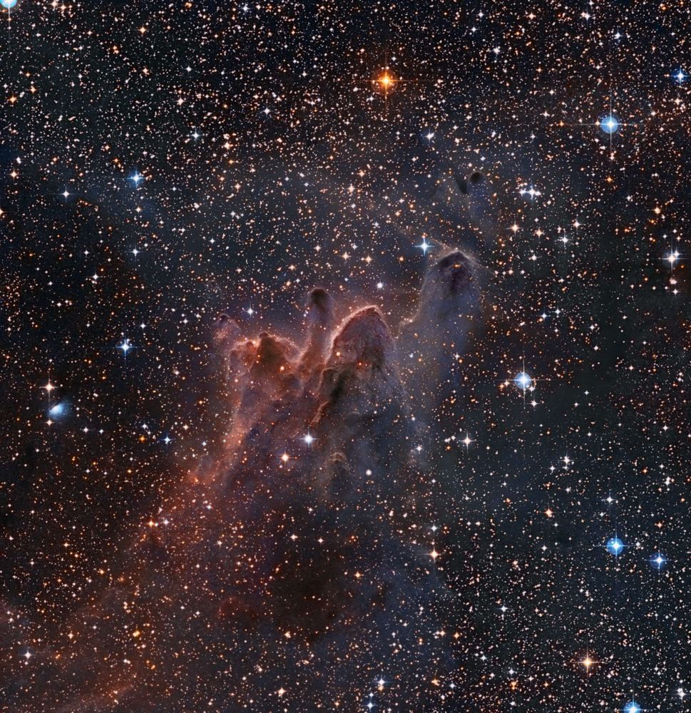 Bright-rimmed, flowing shapes gather near the center of this rich starfield toward the boarders of the nautical southern constellations Pupis and Vela. Composed of interstellar gas and dust, the grouping of light-year sized cometary globules is about 1300 light-years distant. Energetic ultraviolet light from nearby hot stars has molded the globules and ionized their bright rims. The globules also stream away from the Vela supernova remnant which may have influenced their swept-back shapes. Within them, cores of cold gas and dust are likely collapsing to form low mass stars, whose formation will ultimately cause the globules to disperse. In fact, cometary globule CG30 (upper right in the group) sports a small reddish glow near its head, a telltale sign of energetic jets from a star in the early stages of formation.   Note: How to find APOD Alternative Mirror Sites