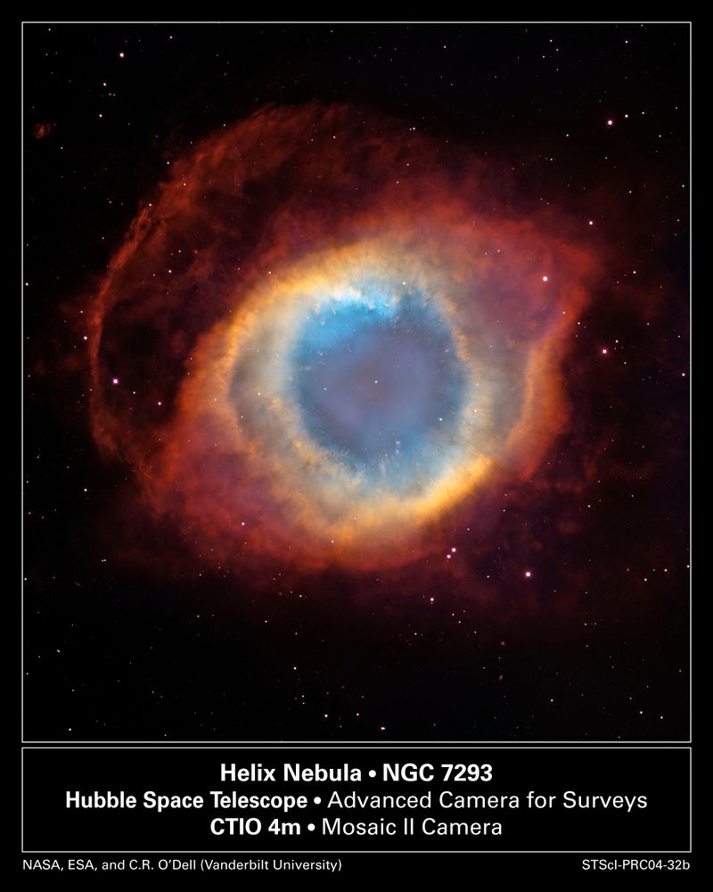 How did a star create the Helix nebula? The shapes of planetary nebula like the Helix are important because they likely hold clues to how stars like the Sun end their lives. Recent observations by the orbiting Hubble Space Telescope and the 4-meter Blanco Telescope in Chile, however, have shown the Helix is not really a simple helix. Rather, it incorporates two nearly perpendicular disks as well as arcs, shocks, and even features not well understood. Even so, many strikingly geometric symmetries remain. How a single Sun-like star created such beautiful yet geometric complexity is a topic of research. The Helix Nebula is the nearest planetary nebula to Earth, lies only about 700 light years away toward the constellation of Aquarius, and spans about 3 light-years.