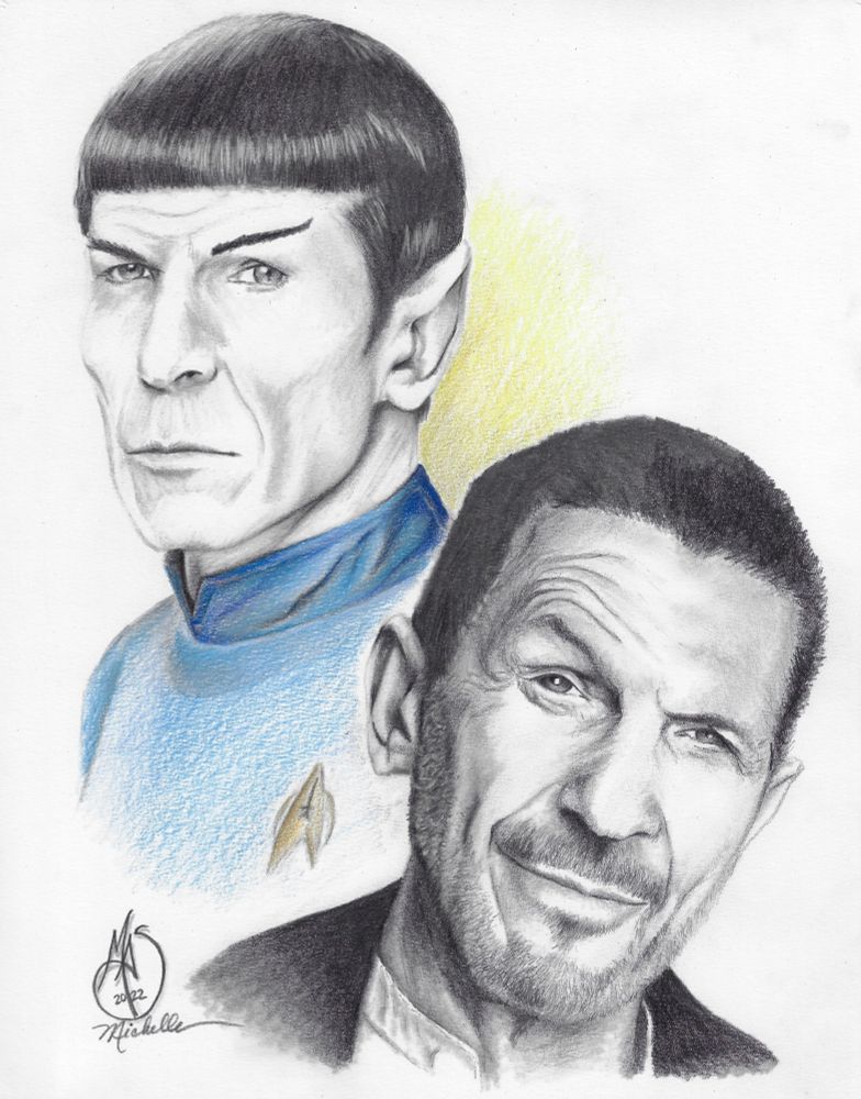 Leonard Nimoy portrait collage, freehand artwork by me (Michelle Shepperd) using graphite pencils and Prismacolor Premiere color pencils on 11"×14" Vellum Bristol 