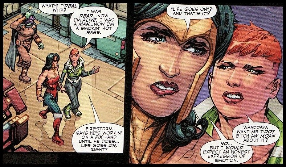 Guy Gardner discussing their recent resurrection as a woman with Wonder Woman, followed by a surprisingly compliant thrall of Starro, who is nursing a headache. Guy: 