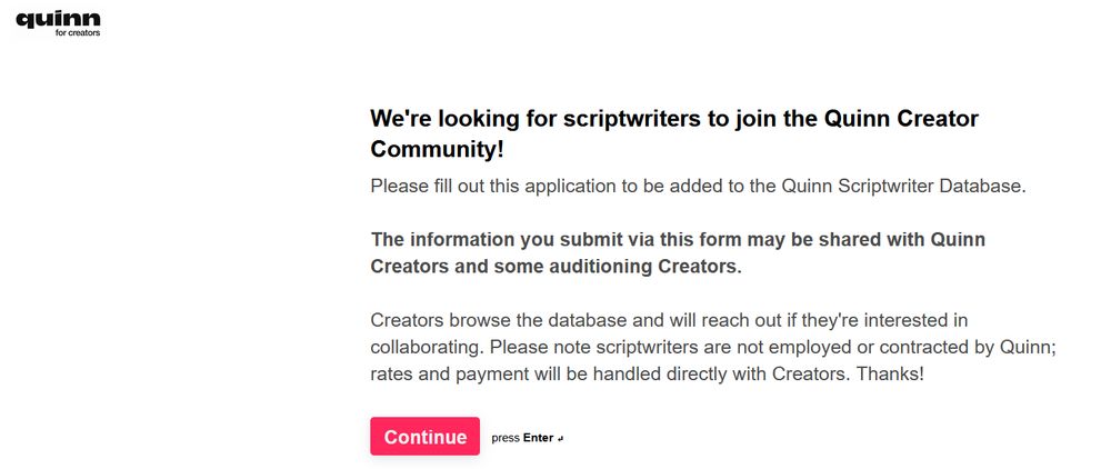 Screen shot from the Quinn website showing an application form landing page for scriptwriters looking to start writing for them