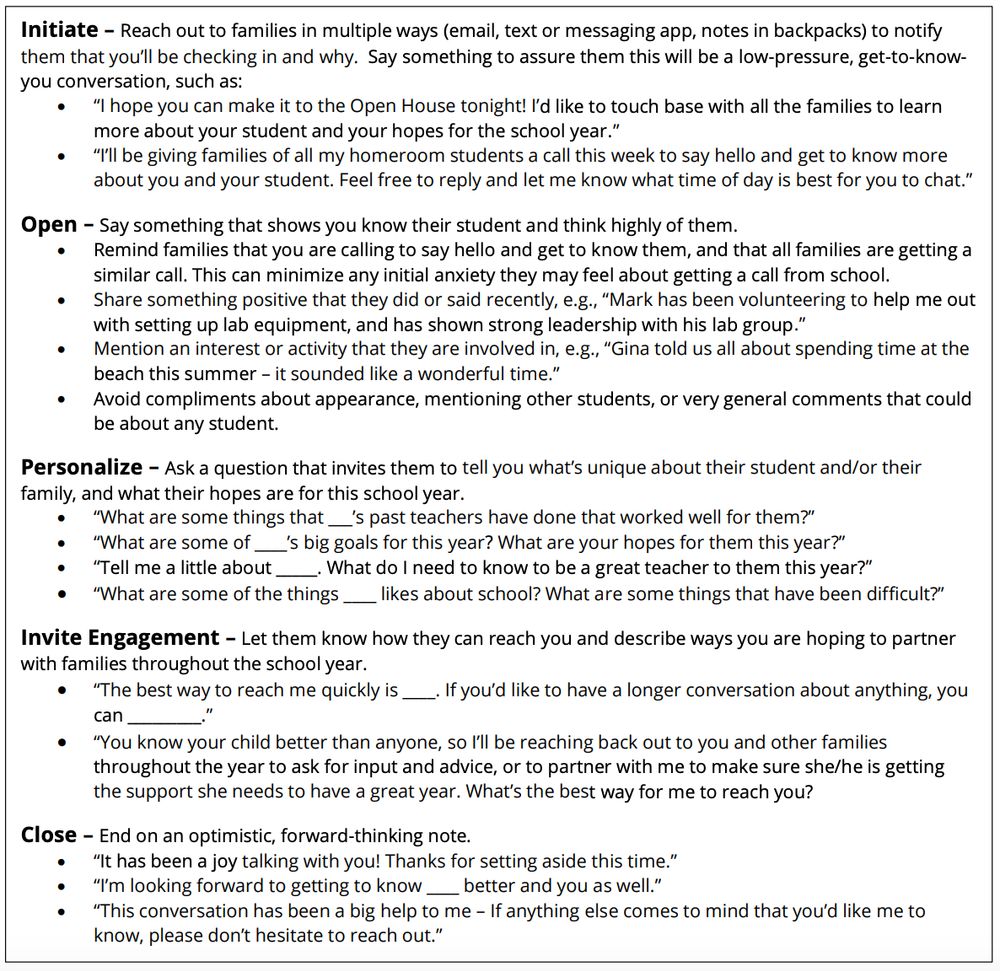 Screenshot from the linked resource which offers a protocol for holding meaningful five-minute conversations with students' caregivers.