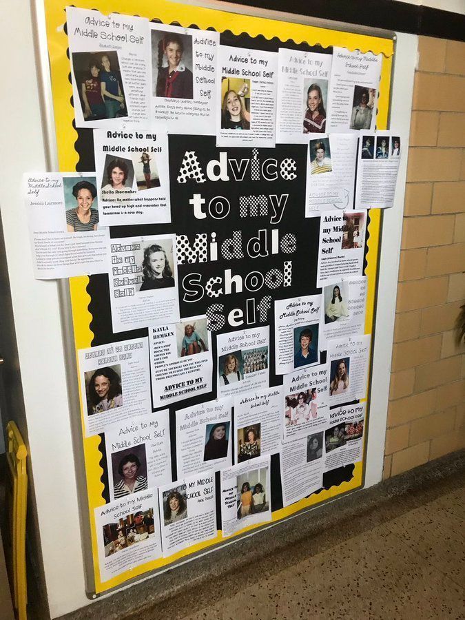 Bulletin board with the title "Advice to my middle school self." Around the bulletin board are small notes teachers have written alongside photos of the teachers in middle school.