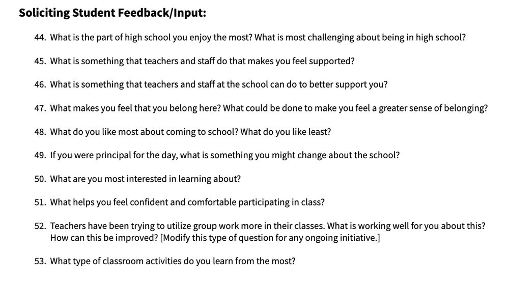 Screenshot from the linked resource, capturing the section called "Soliciting Student Feedback/Input." It lists 10 questions, starting with: "What is the part of high school you enjoy the most? What is most challenging about being in high school?"