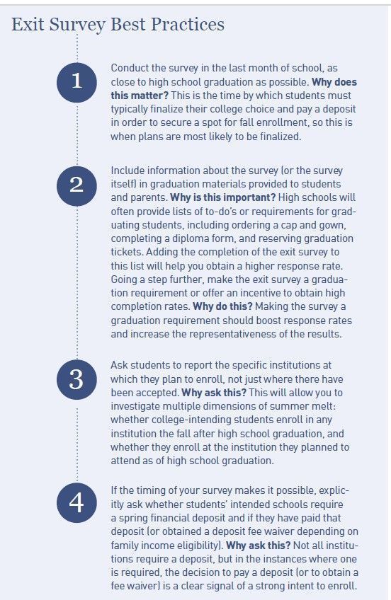 Screenshot from Strategic Data Project's Summer Melt Handbook, showing how to prepare an exit survey for graduating seniors to better gauge whether they may change their original plans to attend college.