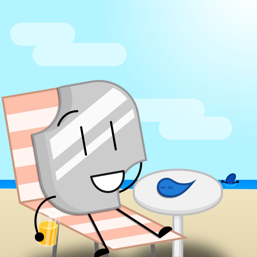 Iron is sitting on a chair at a beach while holding a glass of orange juice. Cobalt's sprite is resting on a table next to him, while Cobalt is swimming in the ocean far away.