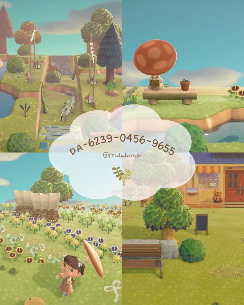collage of acnh pictures of a simple island. in the middle is a cloud with the da: DA-6239-0456-9655