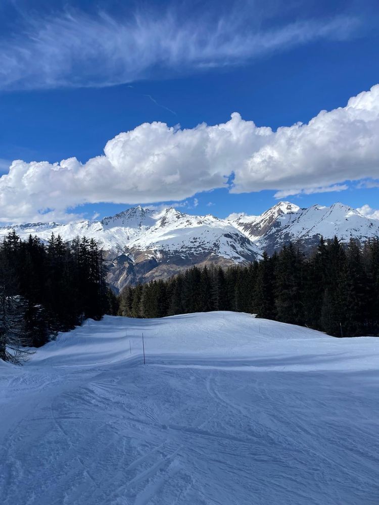 Piste, trees, clouds and stunning mountains 