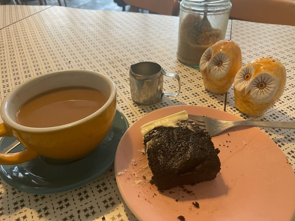 Coffee, chocolate Guinness cake and owl salt and pepper shakers in a cafe in Brockley