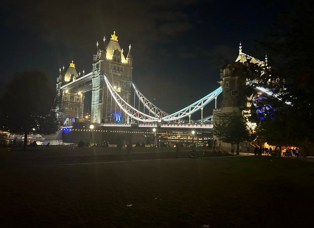 Tower bridge in London at night lit up