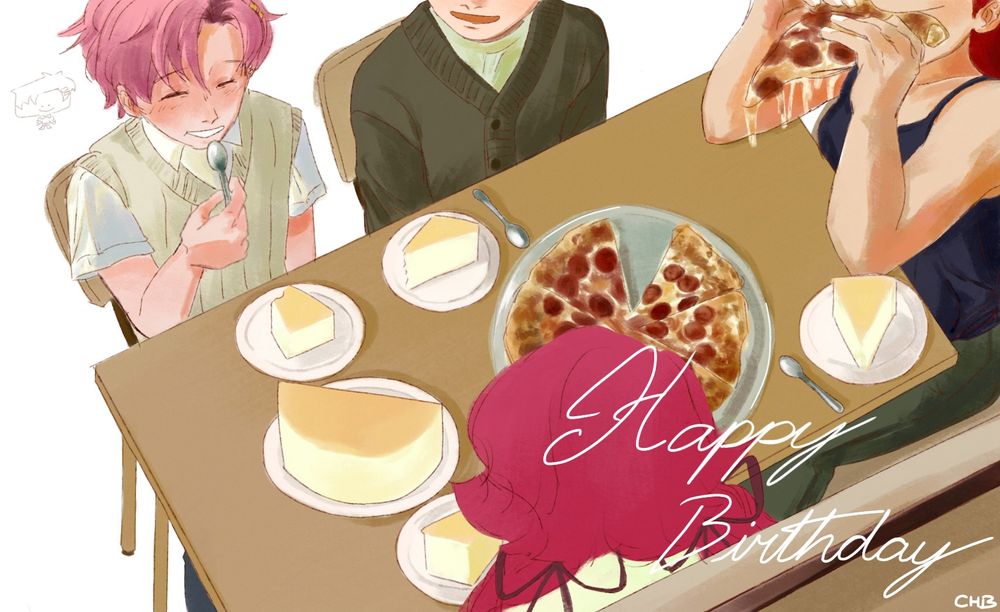 Kai Monteago, Damon Maitsu, Diana Venicia, and Cassidy Amber at a table eating cheesecake and pizza. The word Happy Birthday is in the bottom right corner.