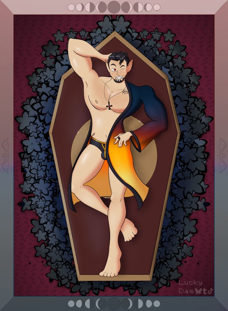 A pin-up illustration of a vampire, wearing only a robe and underwear, laid atop his coffin in a flirty pose