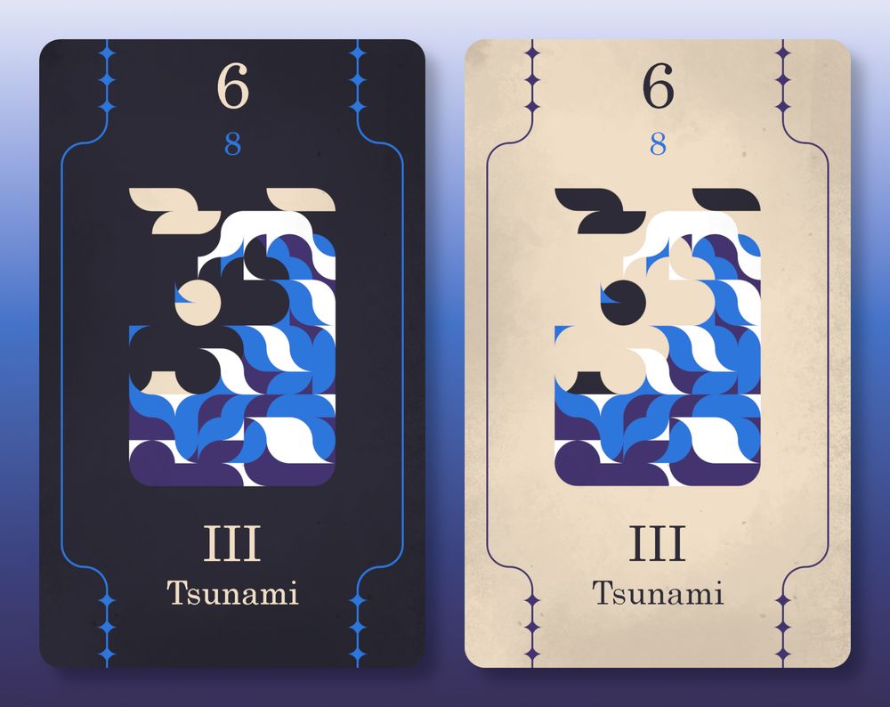 Dark and Light water type cards, with artwork in the center that references "the great wave off Kanagawa" in a vector art style