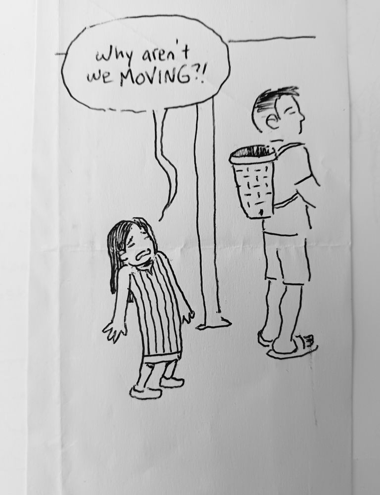 Drawing: Waiting to pay for Cherries with her dad at the farmers market, a girl despairs "Why aren't we moving?!"