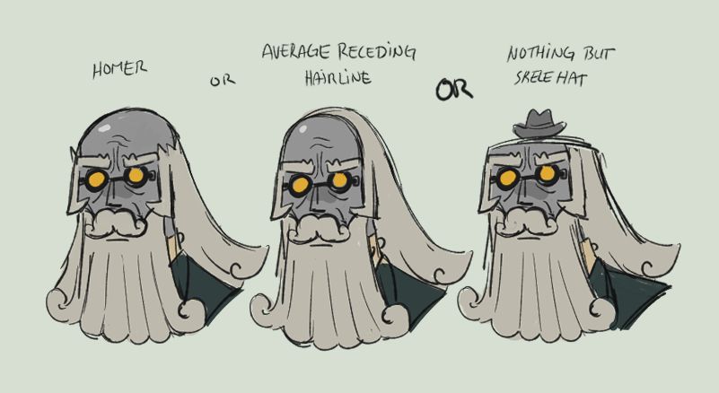 Doodle wondering what's underneath Blamestormer's hat. Lovingly called "Homer" or "Average Receding Hairline" OR "Nothing but skelehat".
