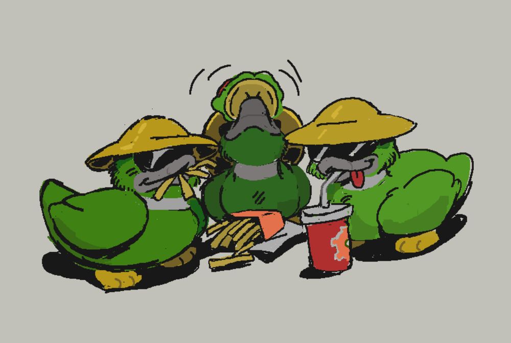 Three Low Ballers enjoying fries, hamburger, and a soda, respectively.