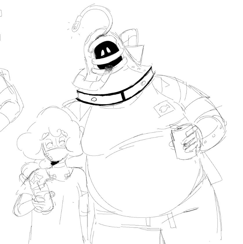 Uncolored doodle of Rainmaker and Deep Diver enjoying some drinks. They both are wearing more casual summer outfits.