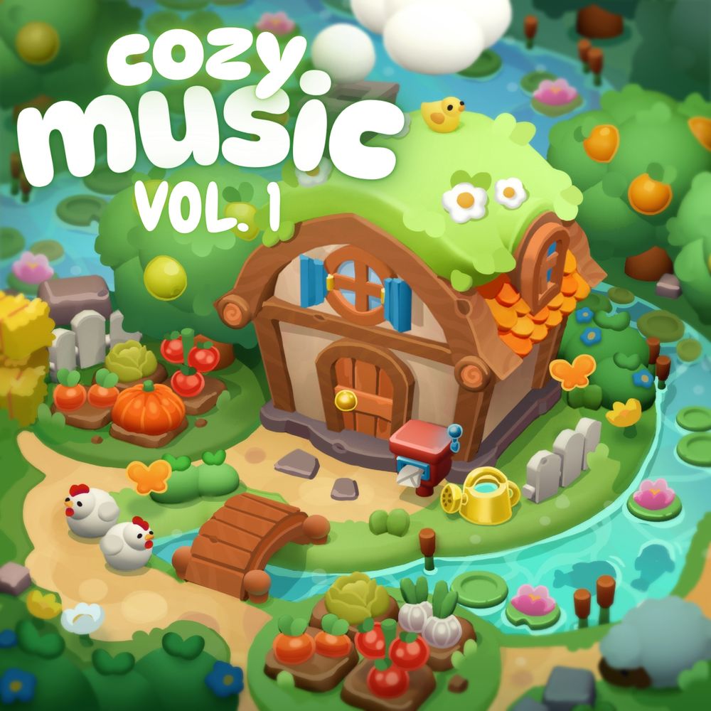 Album cover featuring a cozy, cartoon Germanic-influences house with grass and flowers on the roof. A little yellow bird sits on top. The house is surrounded by crops and a little lake featuring lilypads and fish. A couple of white chickens sit by a small wooden bridge.