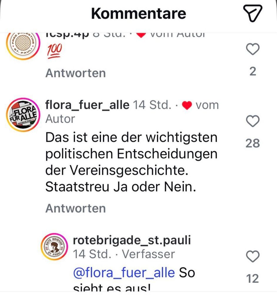 Screenshot von Instagram: Account Flora für Alle schreibt: "Das ist eine der wichtigsten politischen Entscheidungen der Vereinsgeschichte. Staatstreu Ja oder Nein." Der Account Rote Brigade stimmt zu: "So sieht es aus".