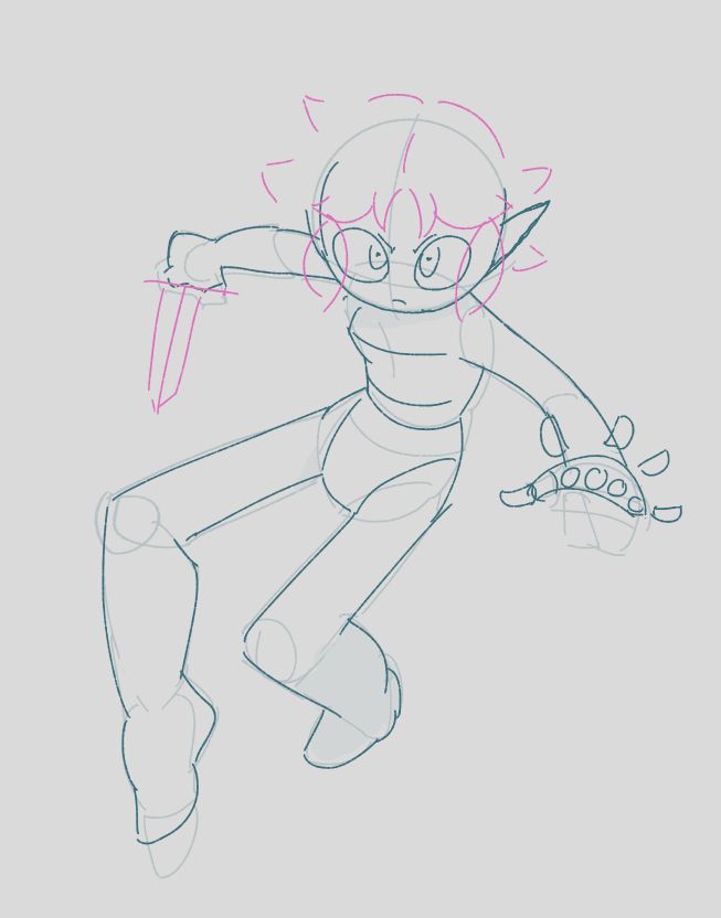 A very early sketch of Saelfyne, a character by @jadepi.bsky.social . She is in a leaping pose, with her right hand clutching a sword and her left reaching forward toward the viewer.