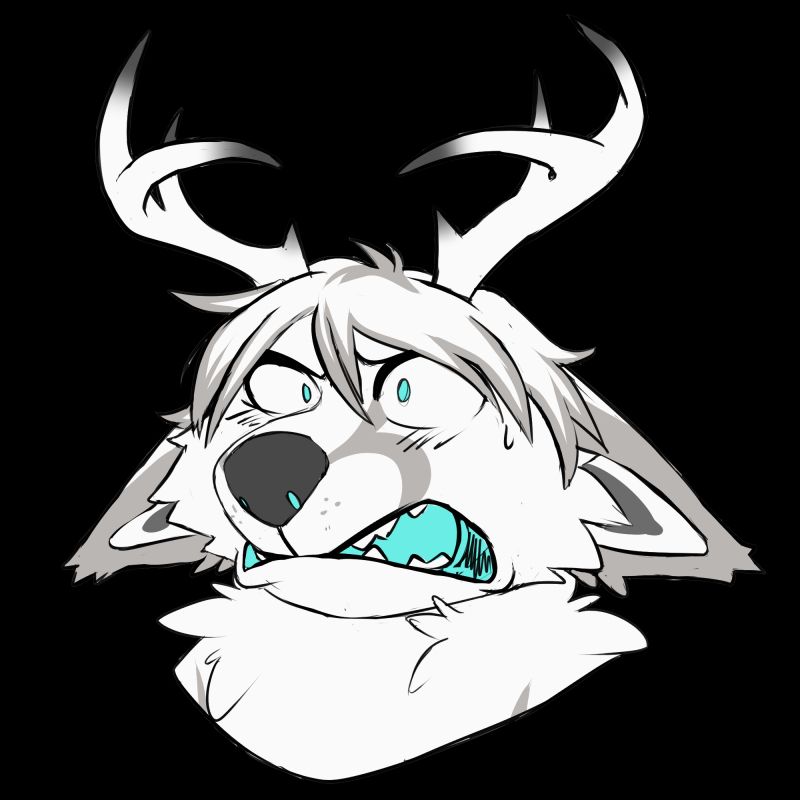 white and grey antlered wolf with a flabbergasted expression