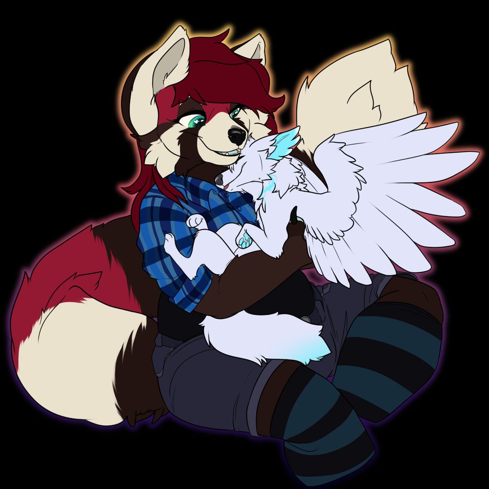 red panda character Eli holds a winged fox/bird hybrid (Myst) in and adorable cuddle, his wings are half-spread