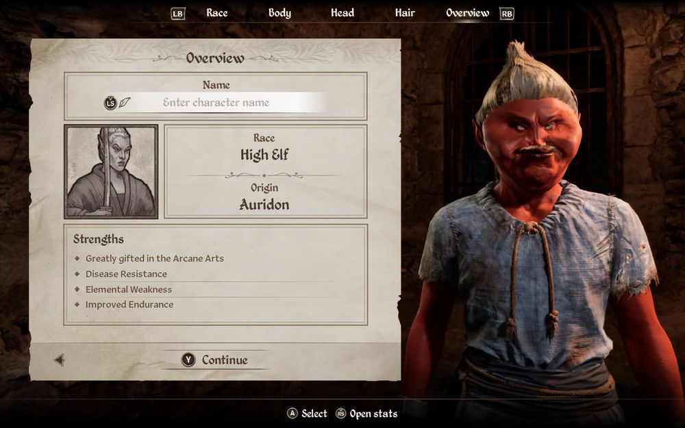 A screenshot from Elder Scrolls Oblivion during the character creation. The character is a high elf and its head looks like an onion.