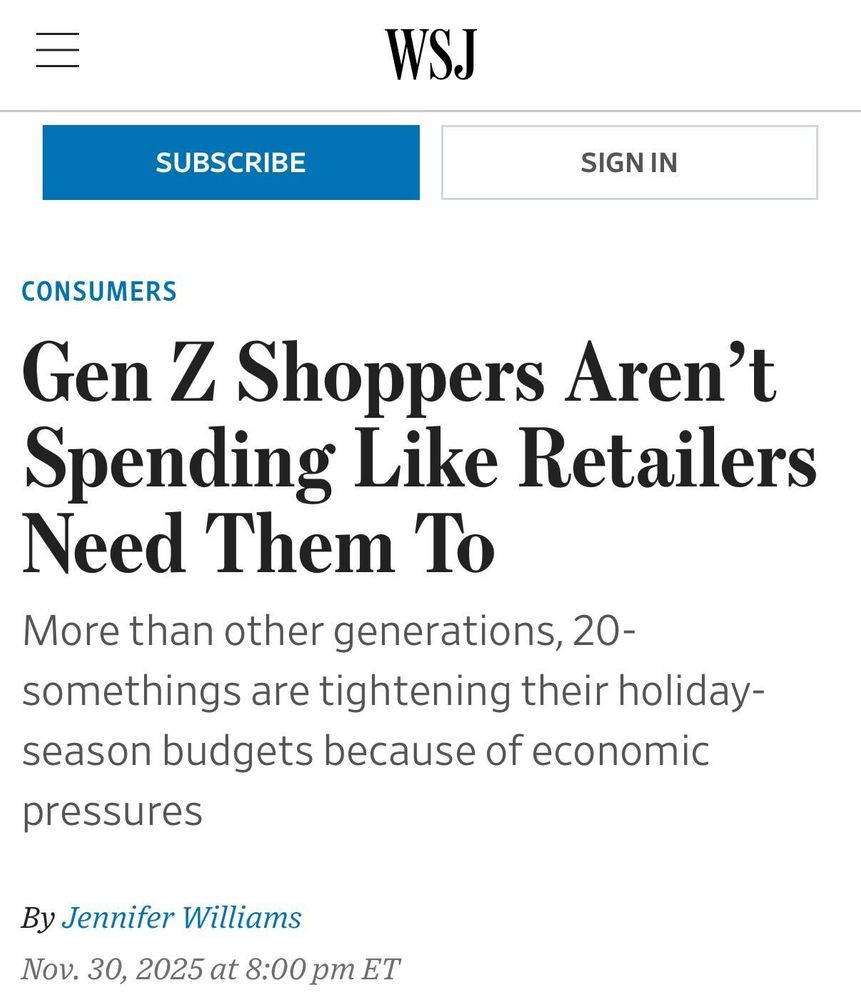 WSJ headline: Gen Z shoppers aren't spending like retailers need them to 