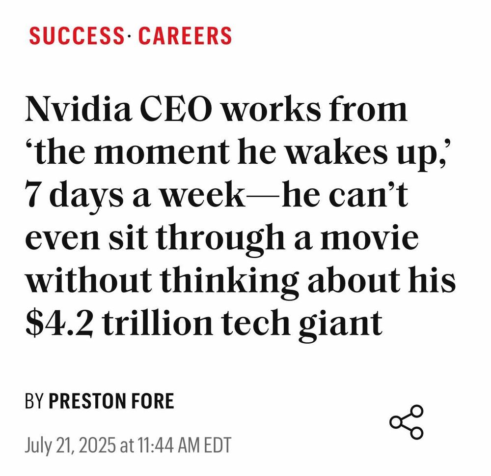 Headline: Nvidia CEO works from 'the moment he wakes up' 7 days a week - he can't even sit through a movie without thinking about his 4.2 trillion tech giant 