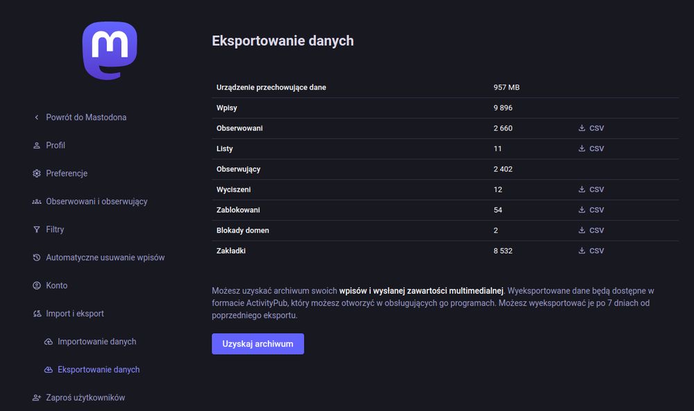 Ekran eksportu danych Mastodona