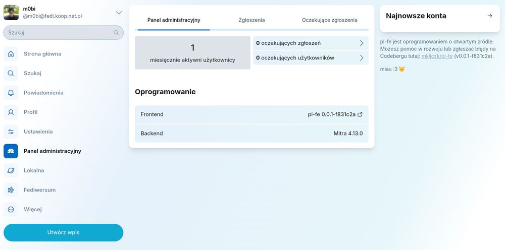 Mini admin instancji w pl-fe. Jasna kolorystyka