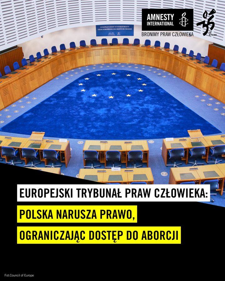 Zdjęcie sali ETPCZ, logo Amnesty i napis:

Europejski Trybunał Praw Człowieka:
Polska narusza prawo, ograniczając dostęp do aborcji