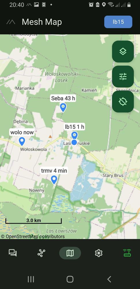 Mapa położenia nodów w apce Meshtastic na Androida