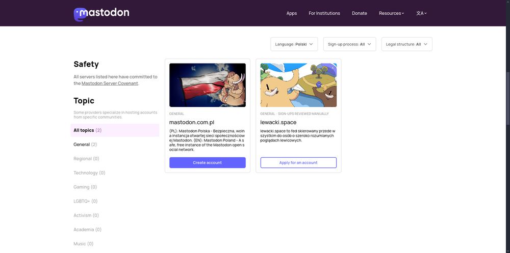 Ekran z JoinMastodon z wybranym językiem Polskim. Link w treści tootka.