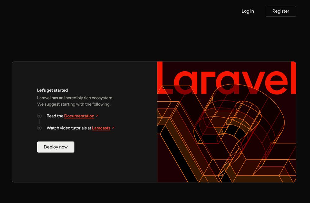 A screenshot of Laravel 12's new welcome screen showing basic introduction info and links to documentation and video tutorials.