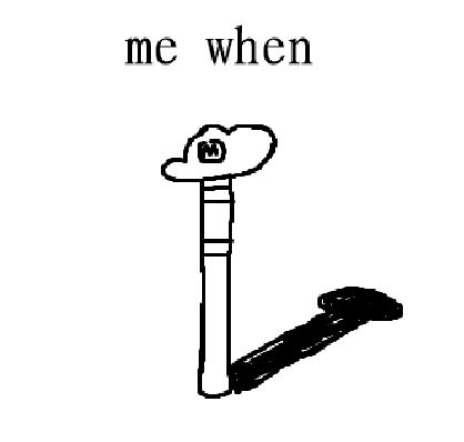 drawing in black over white of mario's cap sitting on top of a biking bollard with a stark shadow cast on the ground. the text reads "me when" with no further explanation.