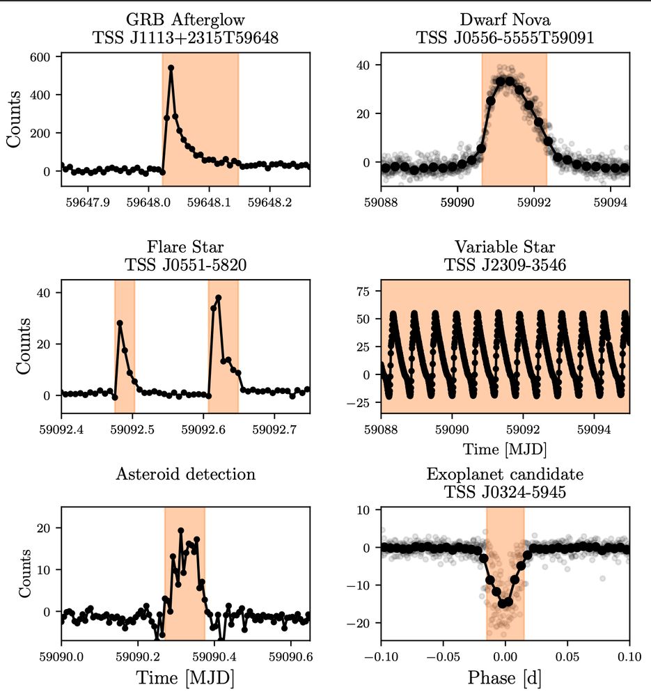 A series of TESS lightcurves extracted by TESSELLATE which include example events of GRB afterglow, dwarf nova, flare star, variable star, asteroid detections, and an exoplanet candidate.