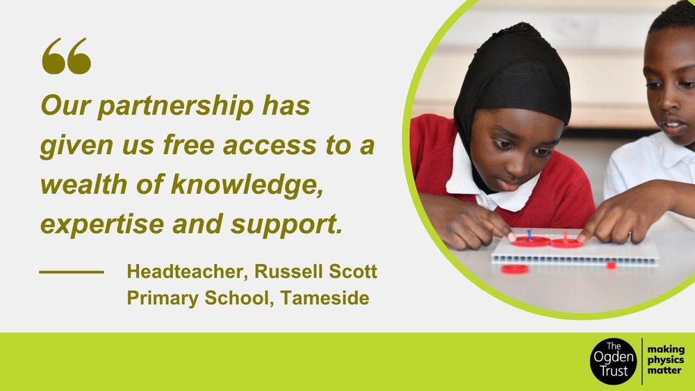 An image of a quote saying 'Our partnership has given us free access to a wealth of knowledge expertise and support' written by 'Headteacher, Russell Scott, Primary School, Tameside' Along side of an image of two primary students from different background working on a science project together.