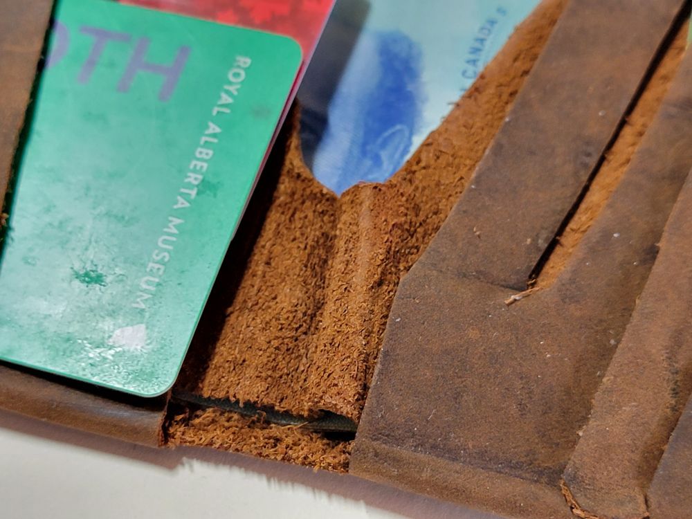 Close-up of the interior spine of the wallet, where a crease has formed on the right side of the spine.