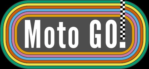 Brightly colored rings around large blocky text that reads "Moto GO!". The exclamation point had been replaced with a checkered finish line.