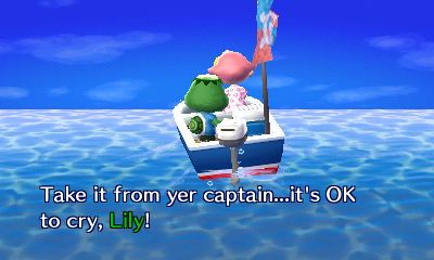 Screenshot of Animal Crossing: New Leaf of Kapp'n and the player villager character on a boat. Kapp'n's dialog reads, "Take it from yer captain...it's OK to cry, Lily!"