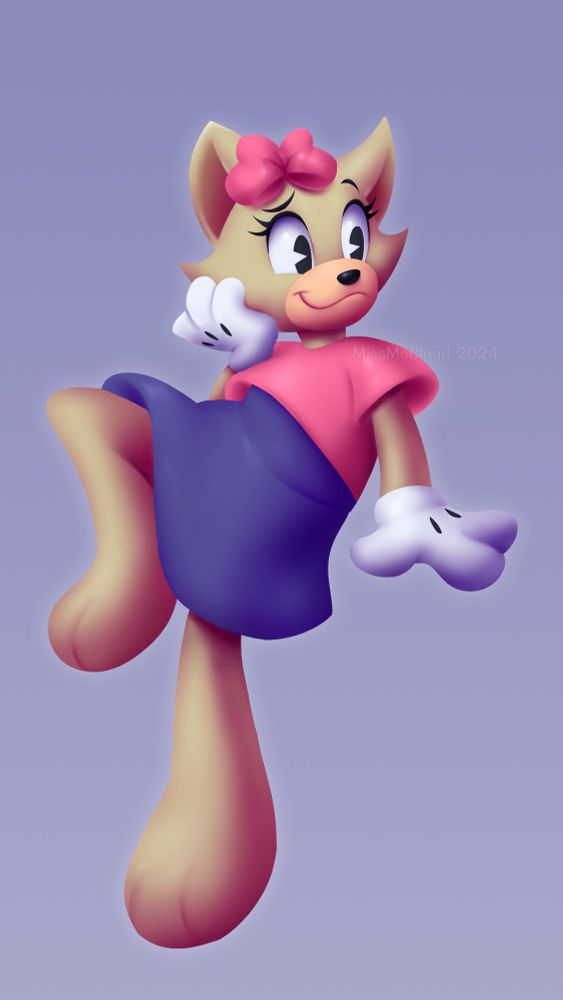 Digital illustration of my Toontown OC, Silly Lily. She is a beige cat Toon wearing a pink shirt, an indigo skirt, and a pink hairbow. She is sitting down with one knee up and looking over to the side.