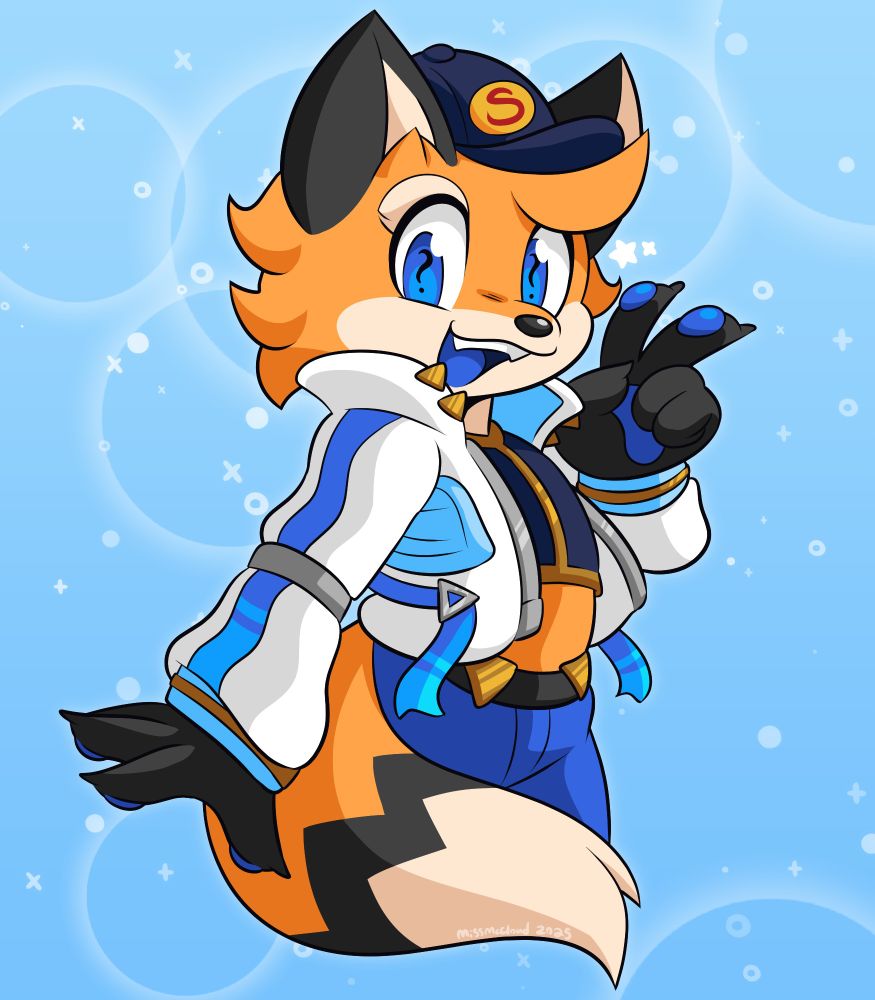 Digital illustration of confoozledfox's fursona smiling and giving a peace sign.