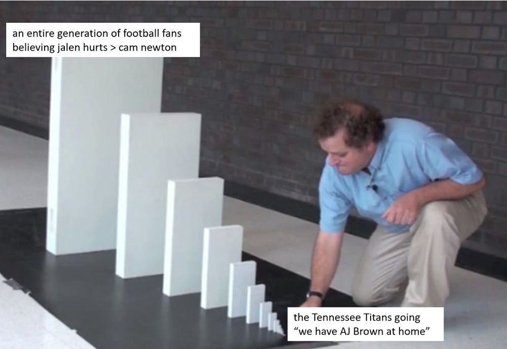 domino effect meme template:
1) the Tennessee Titans going “we have AJ Brown at home” 
2) an entire generation of football fans believing jalen hurts > cam newton

 
